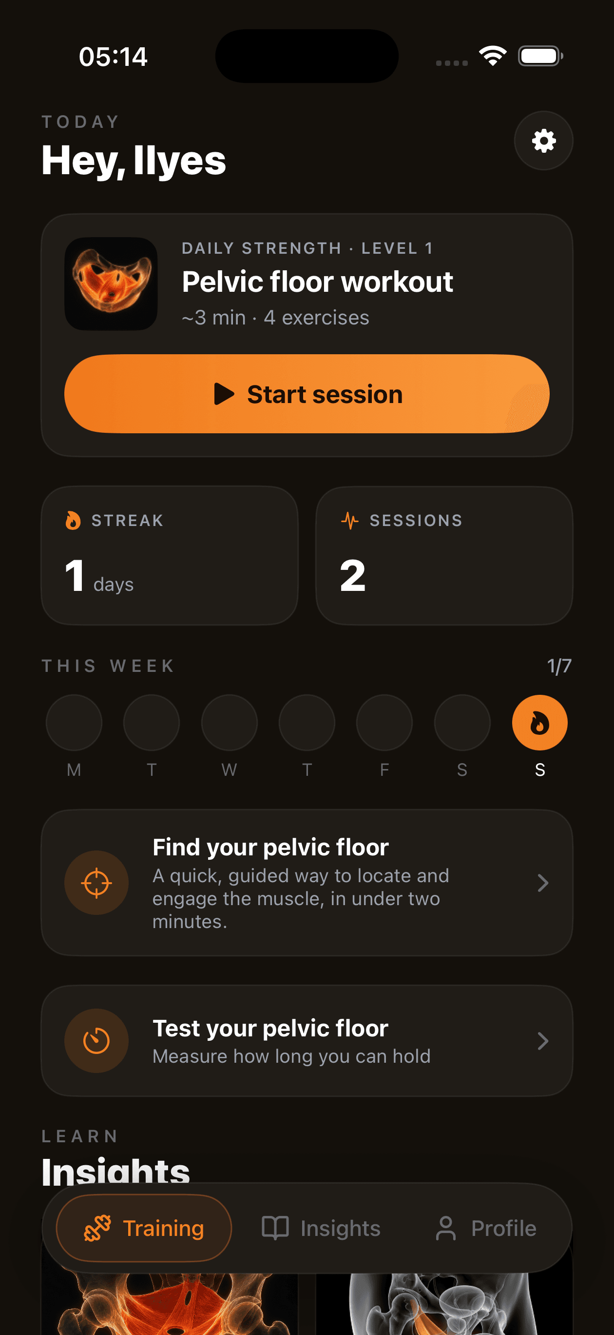 Perfomax app home screen showing today's pelvic floor workout and Start session button
