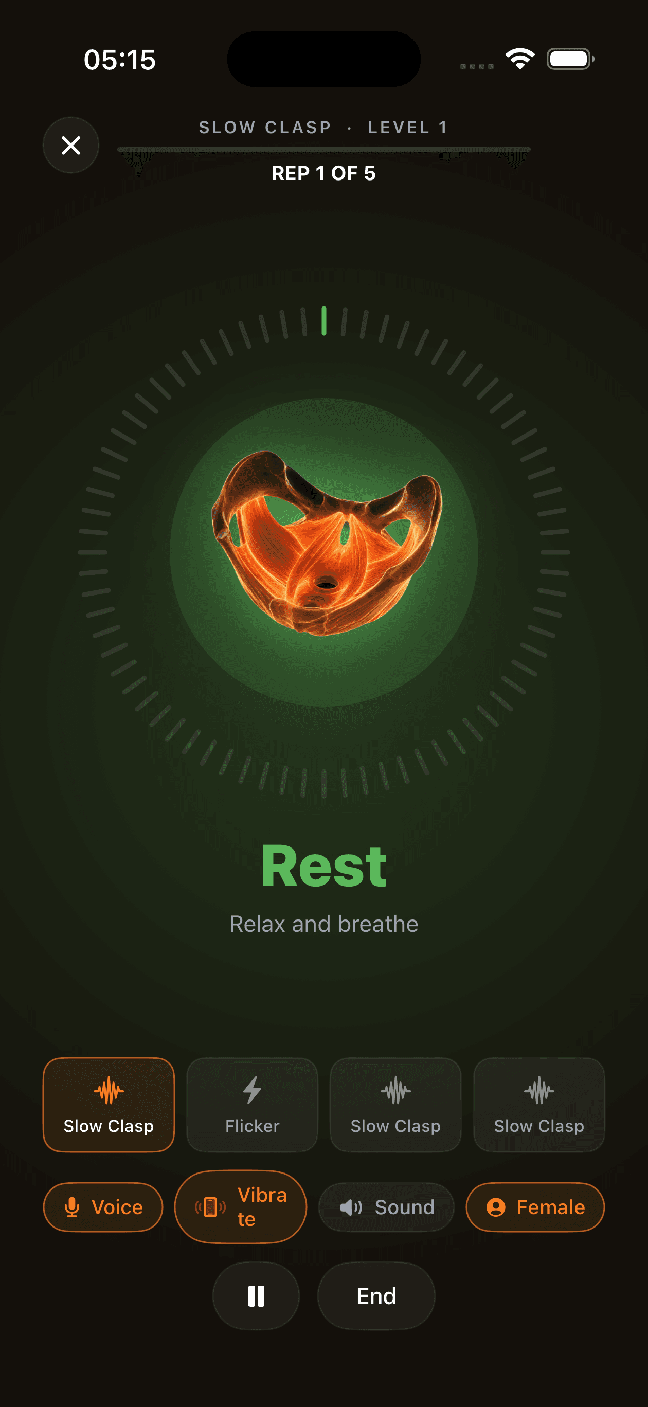 Perfomax workout player in a rest interval with calming guidance to relax and breathe